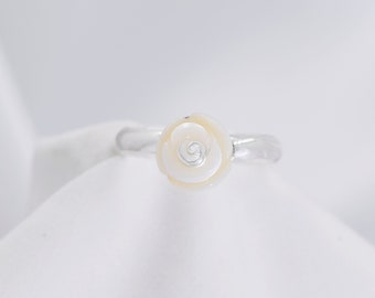 Rose Bud Pearl Ring, Carved White Freshwater Pearl 10mm to 11mm by 8mm, Ring, 925 Sterling Silver Floral Mount