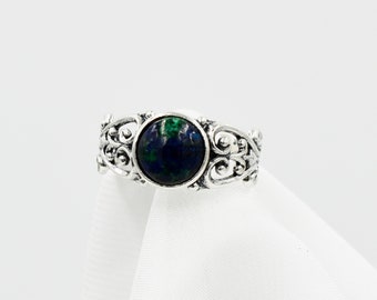 Azurite/Malachite Ring, 8mm Round Cabochon Genuine Gemstone, Set in 925 Sterling Silver Filigree Mounting