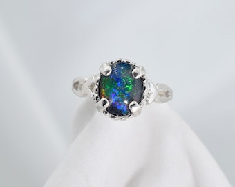 Opal Ring, Genuine Australian 10x8mm Opal Triplet, Set in 925 Sterling Silver Ring