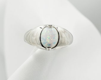 White Opal Ring , 10X8mm Oval Cabochon, Set in 925 Sterling Silver Ring