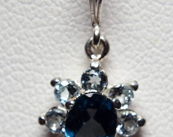 Topaz Jewelry Set , London Blue, 7x5 mm Oval Pendant, 5x3 mm Ovals  Earrings, Halo of Sky Blue Topaz Gemstones, set in 925 Sterling Silver