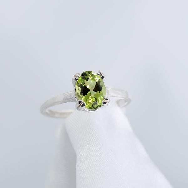 Peridot Ring, Genuine Peridot Gemstone 8x6mm 1+ ct. Oval, Set in 925 Sterling Silver Solitaire Ring