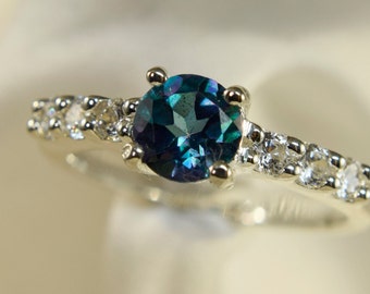 Rainbow Topaz Ring, 6mm Round Genuine Topaz,  with Cubic Zirconia Accents set in 925 Sterling Silver Ring