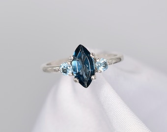 London Blue Topaz Ring, Marquise Cut 10x5mm With 3mm Round Swiss Blue Topaz Accent, Genuine Gemstones, Set in 925 Sterling Silver Ring