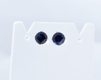 Blue Sapphire Studs, 6 mm Round Earrings, Set in Fancy Double Prong 925 Sterling Silver Earrings