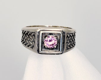 Birthstone Ring, October, Heavy Woven Style Ring With Antiquing, 5mm Faceted Gemstone, Set in 925 Sterling Silver Ring