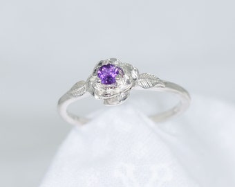 Amethyst Rose Ring, Genuine Gemstone 3mm Faceted Round, Dainty and Petite Ring, Set in 925 Sterling Silver Rose with Leaves Mounting