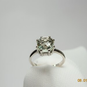 Prasiolite Ring, Green Amethyst Ring, Solitaire Checkboard Cut 8 mm Square 2+ carats, set in 925 Sterling Silver 8 Prong Ring