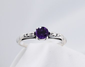 Amethyst Ring, Genuine Gemstone 5 mm Round ,Set in 925 Sterling Silver Solitaire Scroll Ring