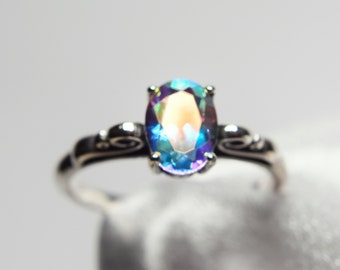 Topaz Mercury Mist Ring, Mystic Topaz Solitaire, 8x6mm Oval, 1+ ct.,  Set in 925 Sterling Silver, Deco Inspired Scroll Style Ring