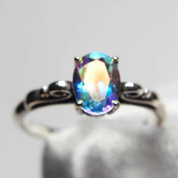 Topaz Mercury Mist Ring, Mystic Topaz Solitaire, 8x6mm Oval, 1+ ct.,  Set in 925 Sterling Silver, Deco Inspired Scroll Style Ring