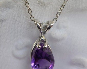 Amethyst Pendant, Genuine Gemstone, 9x6mm Pear Shaped, Set in 925 Sterling Silver Pendant with 18inch Chain Included