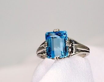 Swiss Blue Topaz Ring, Topaz Ring, Blue Ring, Genuine Gemstone 10x8mm Emerald Cut 4 Plus Carats, Set in 925 Sterling Silver Regalle Mounting