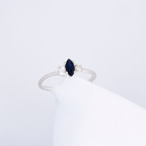 Blue Sapphire Ring, Genuine Sapphire 6x3mm Marquise Cut 2mm Genuine Round White Topaz Petite Sterling Silver Ring