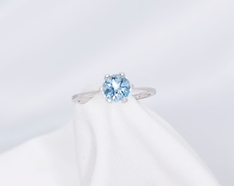 Blue Topaz Ring, Promise Ring, Unique Engagement Ring,Genuine Gemstone 6mm Round, Set in 925 Sterling Silver Solitaire Ring