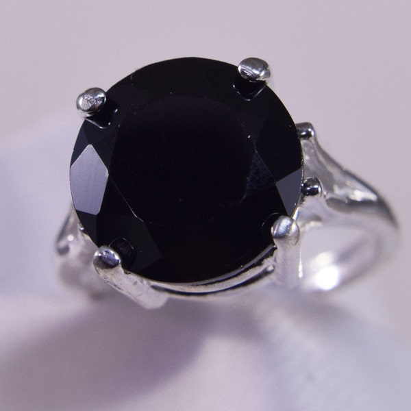 Black Spinel Ring, Genuine Untreated Gemstone 12mm round 7 plus ct, Set in 925 Sterling Silver Solitaire Ring