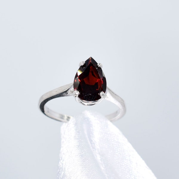 Garnet Ring, 10x7mm 2 plus carat, Pear Shaped Genuine Gemstone Solitaire Ring Set in 925 Sterling Silver