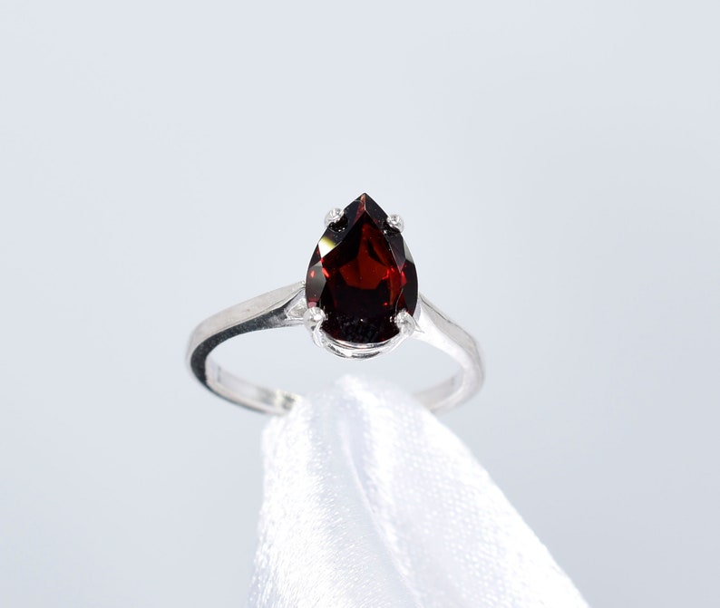 Garnet Ring, 10x7mm 2 plus carat, Pear Shaped Genuine Gemstone Solitaire Ring Set in 925 Sterling Silver image 1