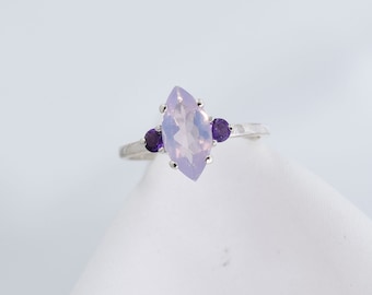 Lavender Quartz Ring, Marquise Cut 12x6mm with 3mm Round Amethyst Accents, Genuine Gemstones, Set in 925 Sterling Silver Ring