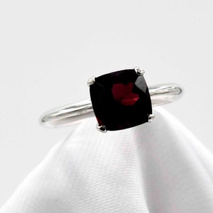 Garnet Ring, 8mm Cushion Cut Gemstone, January Gemstone, Birthstone Ring, Red Solitaire, Set in 925 Sterling Silver  Four Prong Mounting