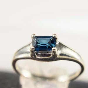 London Blue Topaz Ring, Emerald Cut Genuine Gemstone 6x4mm .70ct, Set  East to West,  Set in 925 Sterling Silver Solitaire