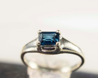 London Blue Topaz Ring, Emerald Cut Genuine Gemstone 6x4mm .70ct, Set  East to West,  Set in 925 Sterling Silver Solitaire