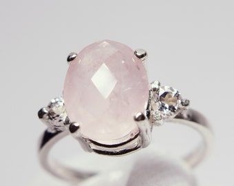 Rose Quartz Ring, Pink Quartz Ring, 10x8 Oval Checkerboard Cut, with 3mm White Topaz Accent Stones, Set in a 925 Sterling Silver Ring