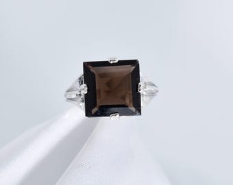 Smoky Quartz Ring, Brown Quartz Ring, Square 12x12 mm, 5.90 carats, 925 Regalle Style Sterling Silver Ring