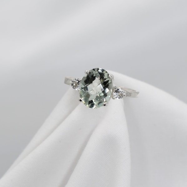 Prasiolite Ring, Green Amethyst Ring, Green Quartz Ring, Genuine Gemstones 10x8mm Checkboard Cut Oval, and 3mm Topaz Accents in 925 Silver