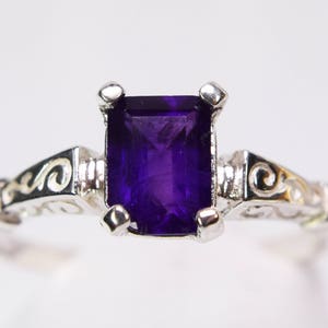 Amethyst Ring, Genuine Amethyst Gemstone 7x5mm .82ct Emerald Cut, Scroll Style Ring, Set in 925 Sterling Silver Solitaire Ring