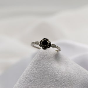 Black Spinel Ring, Gothic Ring, Rose Leaf Ring, Black Ring, Genuine Black Spinel 3mm Round, Set in 925 Sterling Silver Rose Mounting