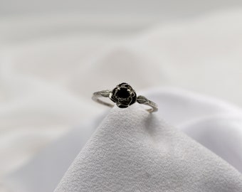 Black Spinel Ring, Gothic Ring, Rose Leaf Ring, Black Ring, Genuine Black Spinel 3mm Round, Set in 925 Sterling Silver Rose Mounting