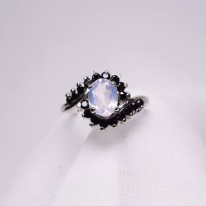 Lavender Quartz Ring, Genuine Gemstones, 8 by 6mm Oval with a Halo of 2mm   Genuine Black Spinel, Set in 925 Sterling Silver Ring