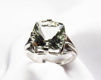 Prasiolite Ring, Green Amethyst Ring, 5 + carats,12 mm Square Cushion Cut, Set in 925 Sterling Silver Regale Ring