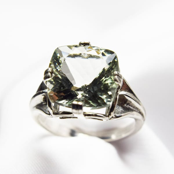 Prasiolite Ring, Green Amethyst Ring, 5 + carats,12 mm Square Cushion Cut, Set in 925 Sterling Silver Regale Ring