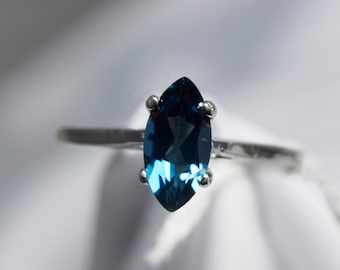 London Blue Topaz Ring, 10x5mm Marquise 1 plus carat, Genuine Gemstone, Set in 925 Sterling Silver Solitaire Ring
