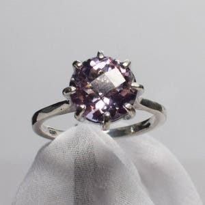 Pink Amethyst Ring, Genuine Gemstone, Checkerboard Cut, 10 mm Round 3 carat, 8 Prong Set in 925 Sterling Silver Solitaire Ring