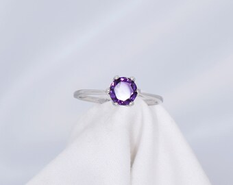 Amethyst Ring, Genuine Gemstone,6mm Round, Set in 925 Sterling Silver Solitaire Ring