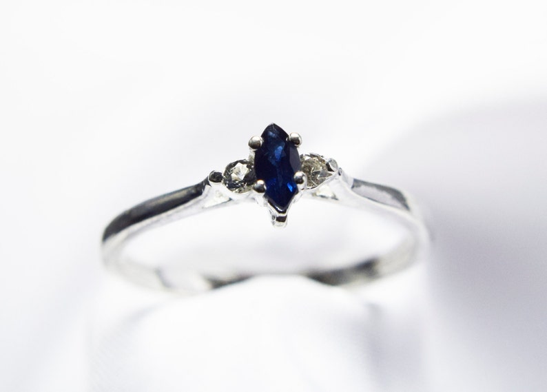 Genuine Gemstones Sapphire 5x2 12mm Marquise With 2mm Genuine Round White Topaz Petite Sterling Silver Ring Blue Sapphire Ring