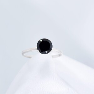 Black Spinel Ring, Genuine Gemstone 6mm Round Solitaire, Look of a Black Diamond, Set In 925 Sterling Silver Ring