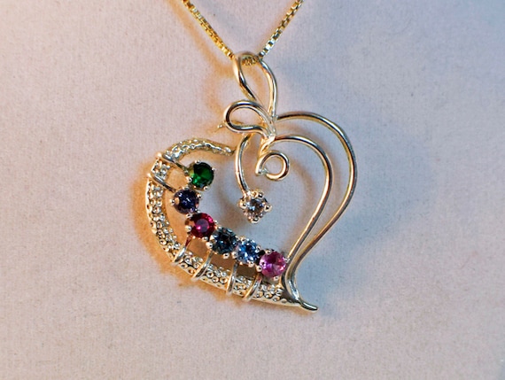 Mothers or Grandmothers Birthstone Heart Pendant, Set in 925