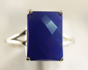 Lapis Ring, Genuine Gemstone Checkerboard Cut Large 14x10mm Emerald Cut, Set in 925 Sterling Silver Solitaire Ring