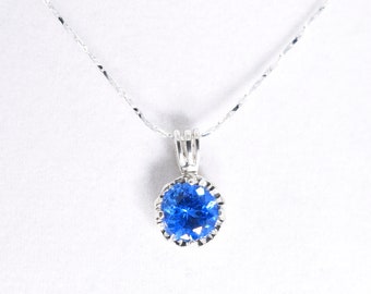 Blue Spinel Pendant, 6mm Round Illusion Set in Argentium Sterling Silver Pendant 18inch Chain Included