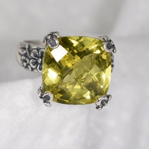 Lemon Quartz Ring, 9ct Big and Bold Ring, Statement Ring, Citrine Ring,Cushion Cut Gemstone 14mm , 925 Sterling Silver Floral Ring Mounting