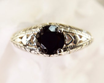 Black Spinel Ring, Genuine Untreated Gemstone 7mm Round 1 plus carat, Set in  925 Sterling Silver Engraved Ring