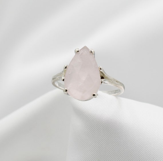Rose Quartz Ring, Genuine Gemstone Pear Shaped 15x10mm