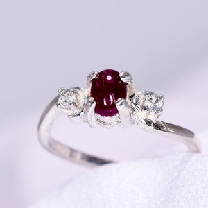 Ruby Ring, Dainty Ruby Ring, Genuine Gemstone 6x4mm Oval Cabochon .62ct, 2mm Genuine Zircon Accent Gems, Set in 925 Sterling Silver Mount