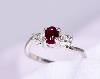 Ruby Ring, Dainty Ruby Ring, Genuine Gemstone 6x4mm Oval Cabochon .62ct, 2mm Genuine Zircon Accent Gems, Set in 925 Sterling Silver Mount