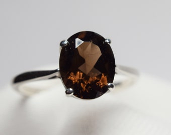 Smoky Quartz Ring, Genuine Gemstone, 2+ct. 10x8mm Oval, Set in 925 Sterling Silver Solitaire Ring