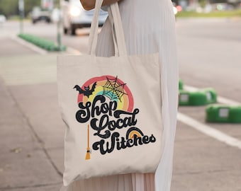Shop Local Witches - Witchy Vibes Cotton Tote Bag - Reusable Grocery Bag - Canvas Lunch Bag Tote - Support Local Community - Eco Friendly